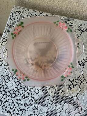 Vintage Pink Depression Frosted Glass Bowl w/ Hand Painted Flowers